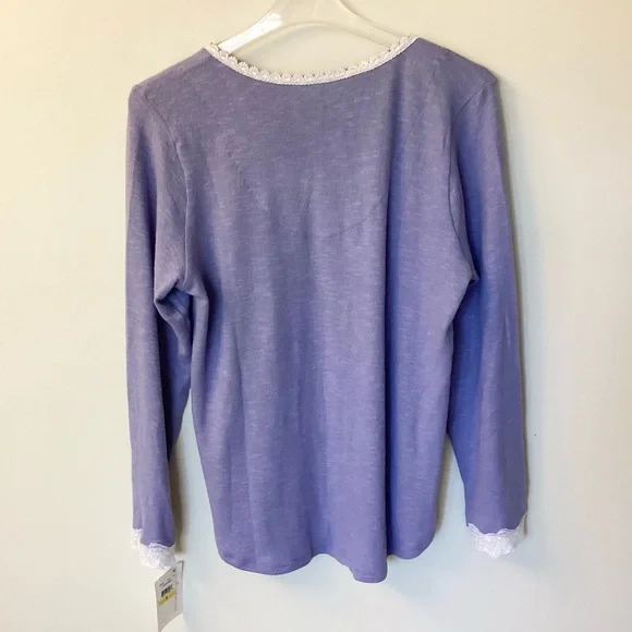 NWT Eileen West Long Sleeve Button Front Lace Trim Pajama Top - Blueberry - M